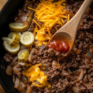 Close-up of cooked ground beef and onions in a skillet with sliced pickles, shredded cheddar cheese, and ketchup being stirred in with a wooden spoon-ingredients for homemade cheeseburger casserole.