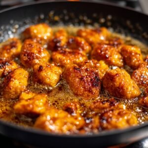 Crispy golden chicken pieces simmering in thick honey butter sauce inside a skillet, bubbling gently with caramelized edges and a glossy finish.