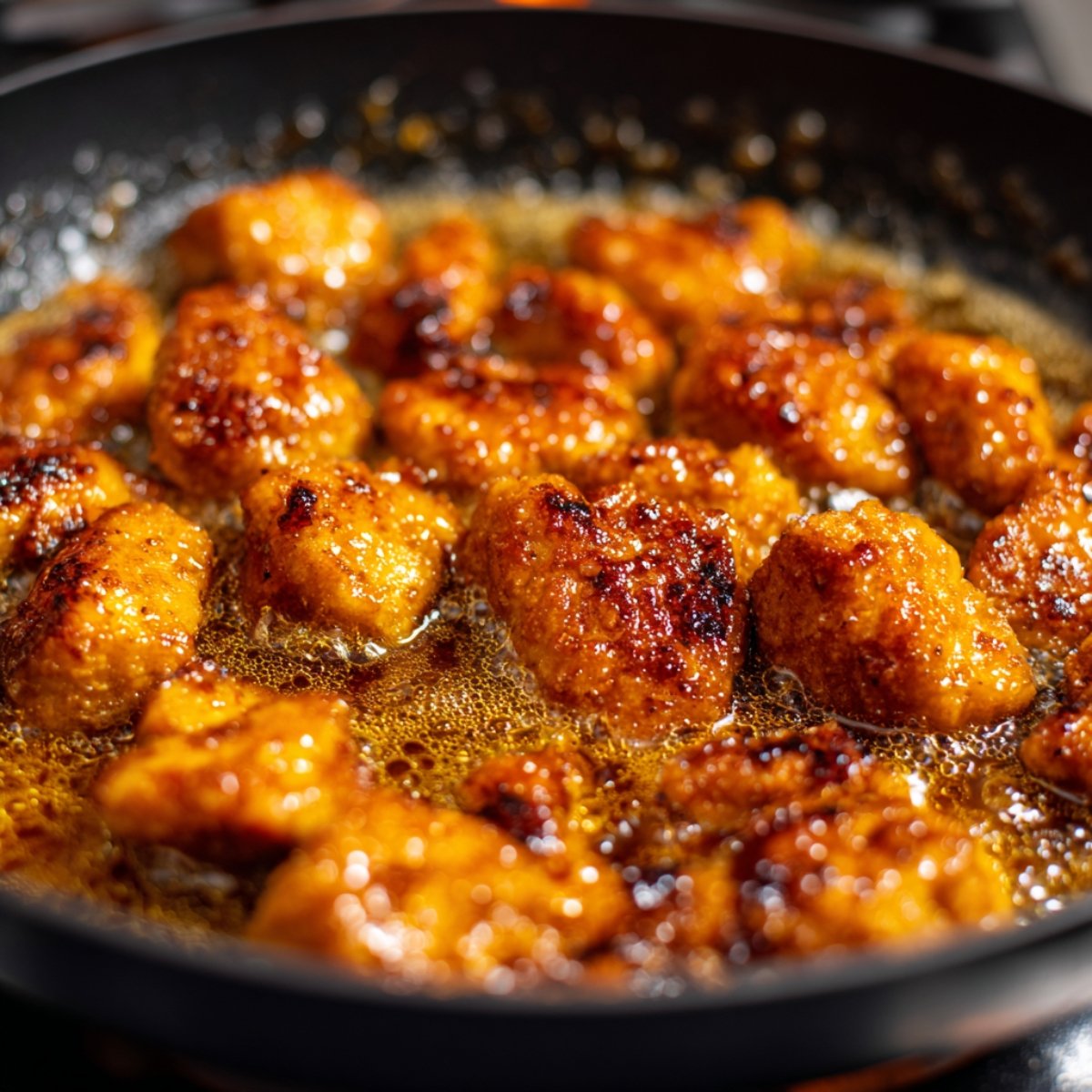 Crispy golden chicken pieces simmering in thick honey butter sauce inside a skillet, bubbling gently with caramelized edges and a glossy finish.