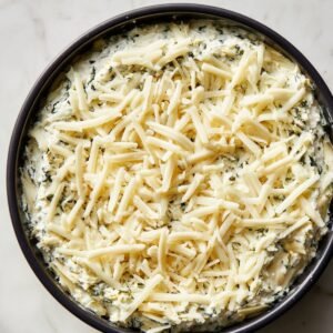 Unbaked spinach artichoke dip in a round black baking dish, topped generously with shredded mozzarella cheese. The creamy dip base with visible spinach is spread evenly beneath the cheese.