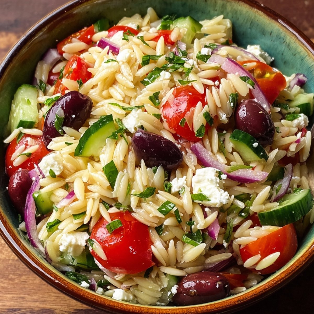 Greek orzo salad with cherry tomatoes, cucumber, red onion, Kalamata olives, feta, and parsley in a ceramic bowl, lightly tossed in olive oil.