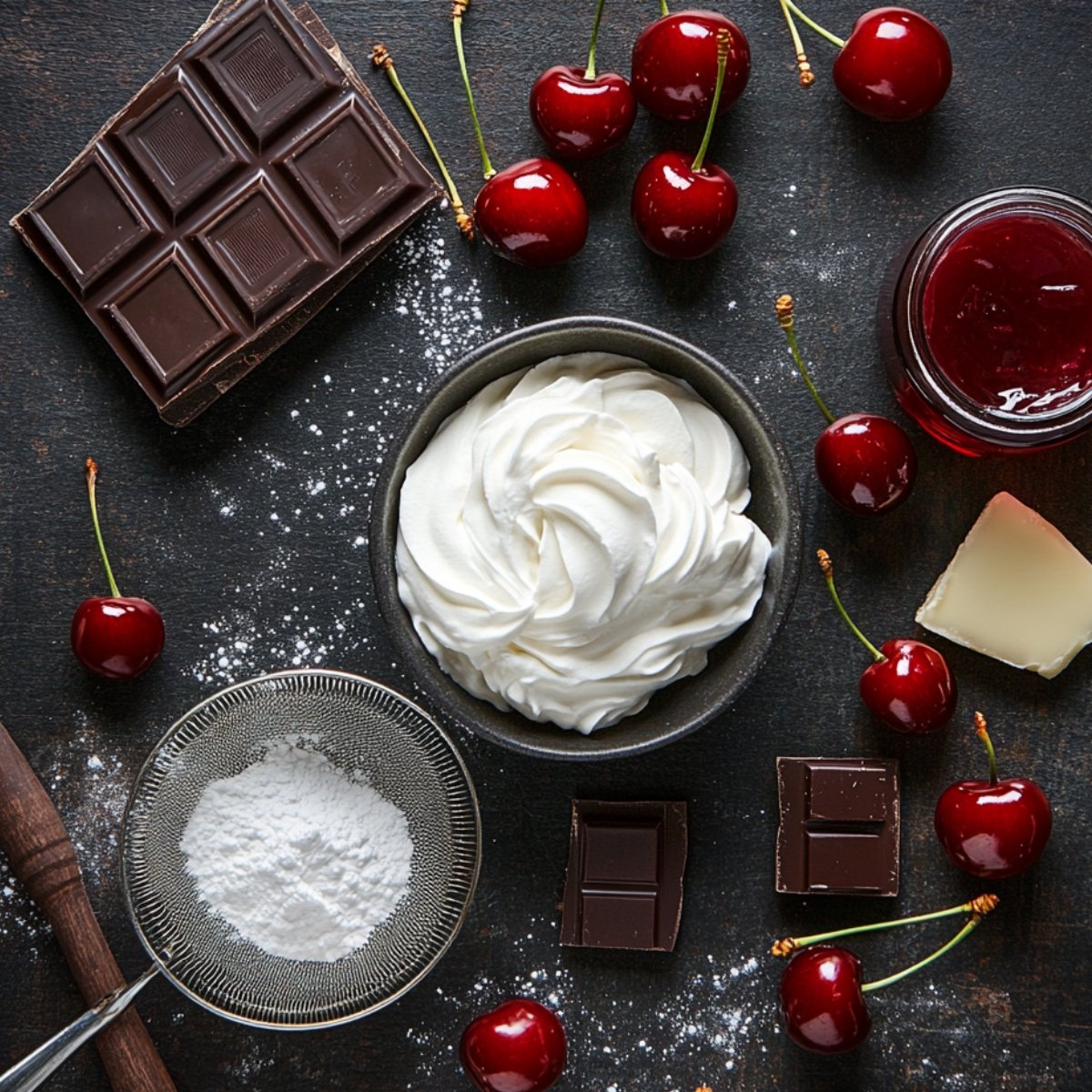 Black Forest cake toppings including whipped cream, cherries, dark and white chocolate, cherry syrup, and powdered sugar on a dark surface.