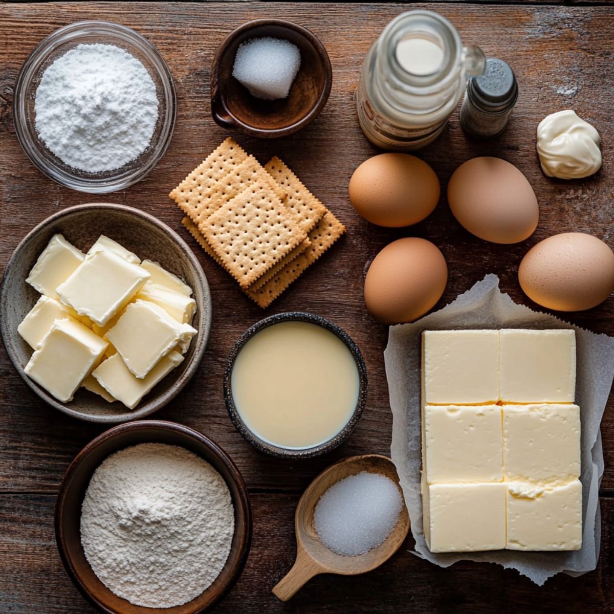 Assorted homemade cheesecake ingredients on a rustic wooden table, including eggs, butter, sugar, flour, graham crackers, cream cheese, and vanilla.