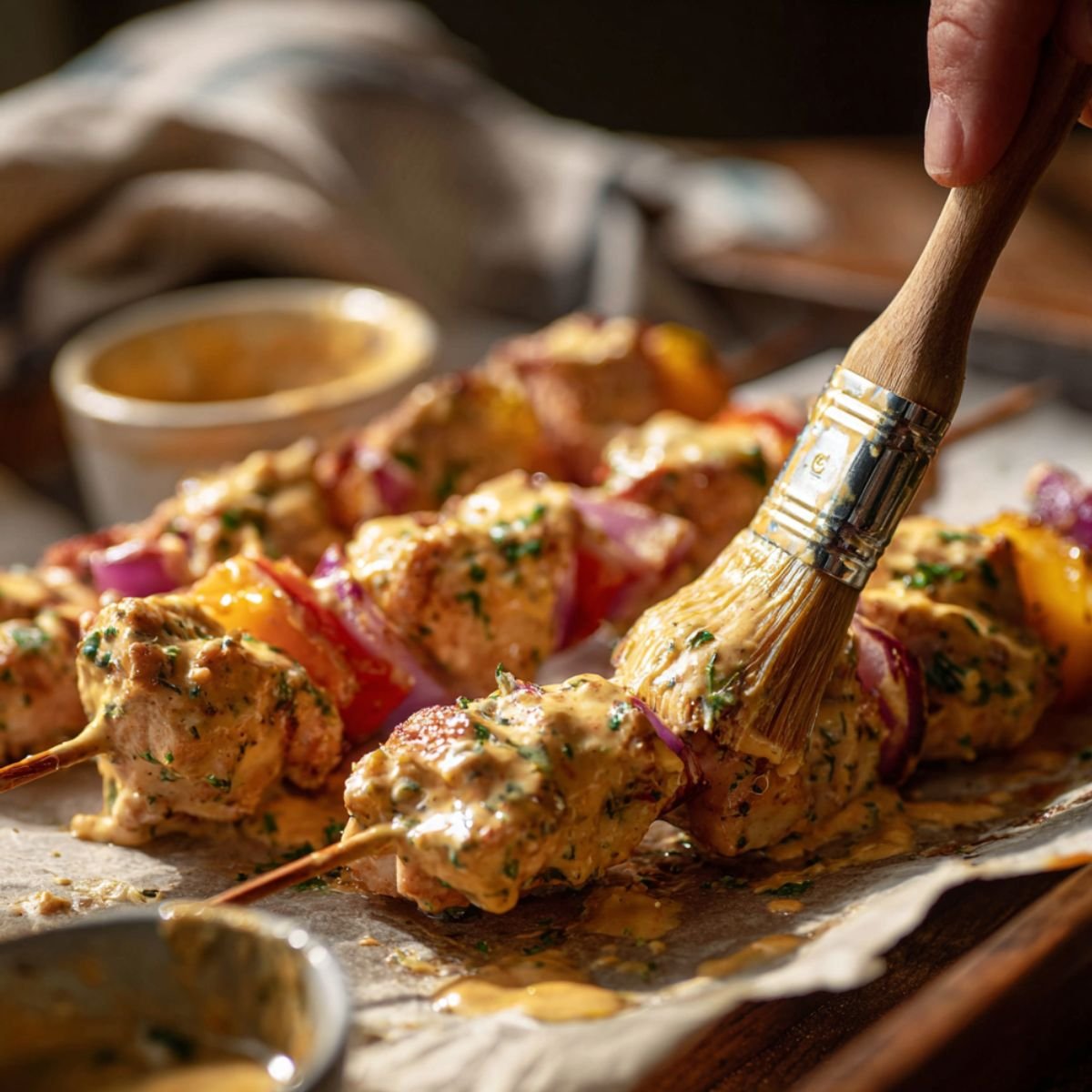 A hand brushes creamy ranch garlic parmesan coating onto raw chicken and vegetable skewers on parchment paper, with a bowl of sauce and scattered herbs nearby.