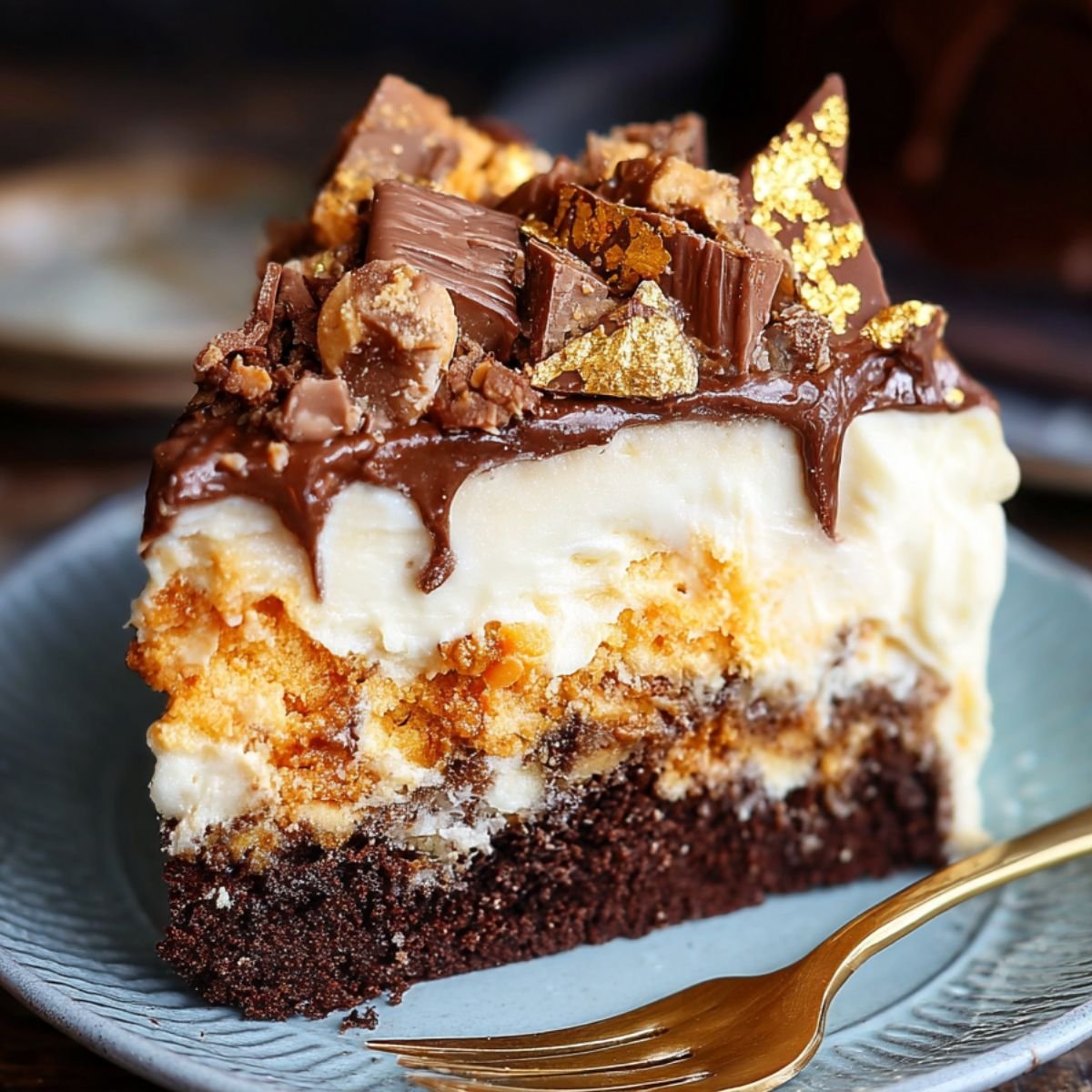 Slice of homemade Butterfinger cake with layers of chocolate base, creamy filling, Butterfinger crumbles, and thick chocolate ganache topped with chopped candy and gold leaf.