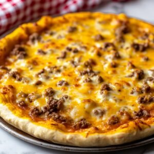 Homemade taco pizza fresh from the oven with golden melted cheddar and browned ground beef on a thick crust, cheese bubbly and edges crisp.