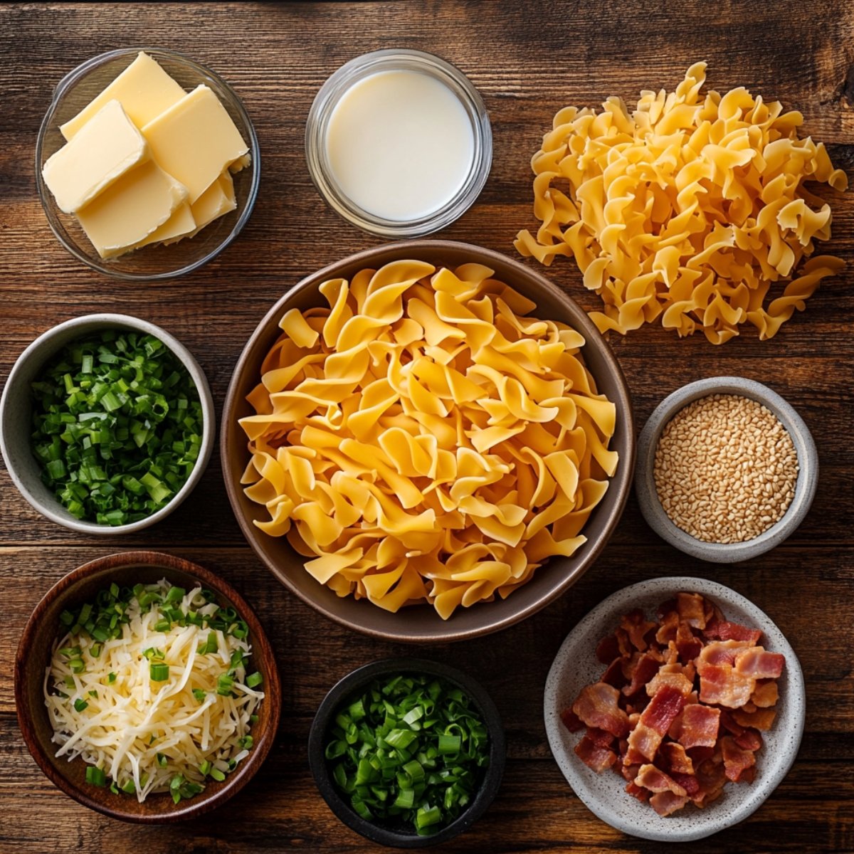 Overhead shot of uncooked egg noodles, butter, milk, bacon bits, shredded cheese, sesame seeds, and chopped green onions on a wooden table—ingredients for cheeseburger casserole.