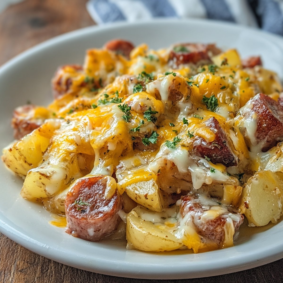 Homemade cheesy ranch potatoes with sausage, melted cheddar, and parsley on a white plate.