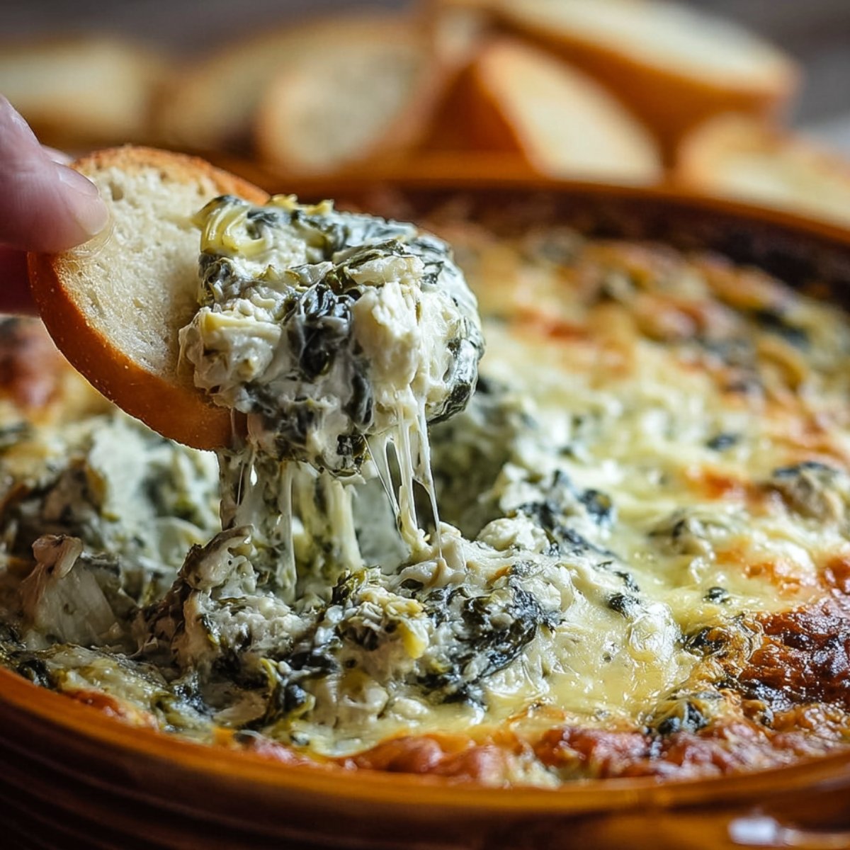 cheesy spinach artichoke dip in a brown ceramic dish, with a baguette slice lifting a gooey, creamy scoop. More toasted bread in the background.