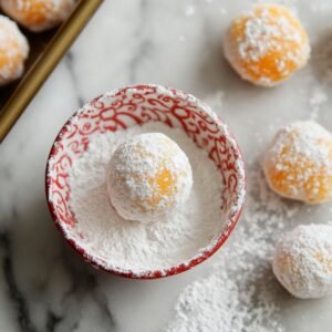 Orange creamsicle truffle being rolled in powdered sugar in a red patterned bowl, with other sugar-coated truffles nearby on a marble surface.