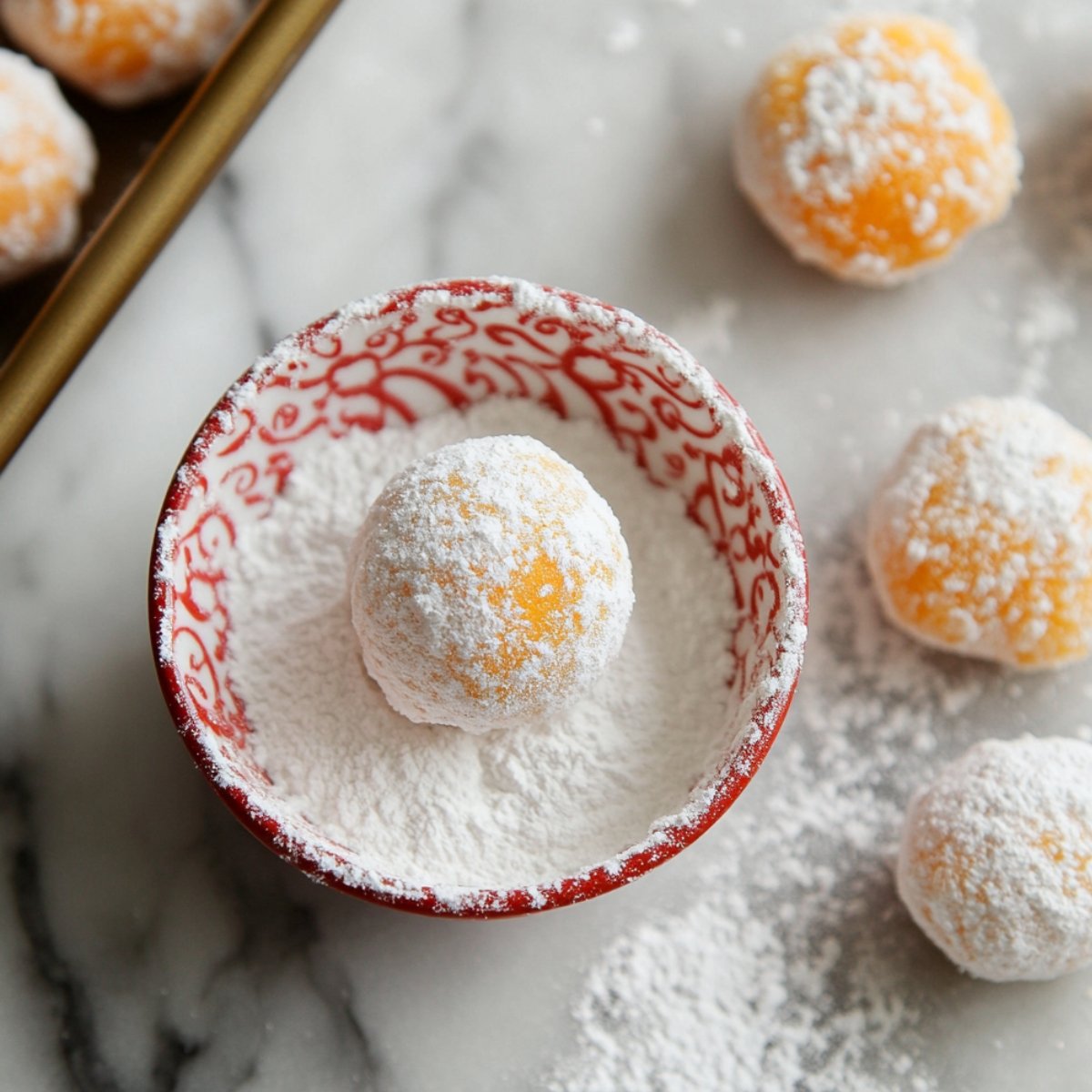 Orange creamsicle truffle being rolled in powdered sugar in a red patterned bowl, with other sugar-coated truffles nearby on a marble surface.