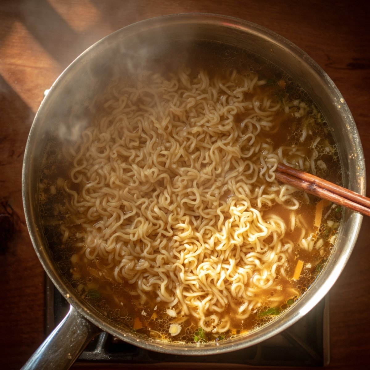 Top-down view of ramen noodles cooking in a pot of hot broth, with steam rising and wooden chopsticks gently stirring the noodles.