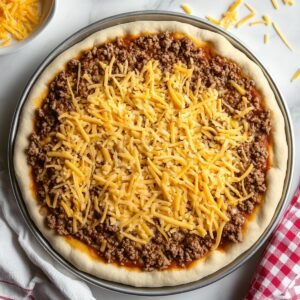 Unbaked taco pizza topped with taco-seasoned ground beef, salsa, and shredded cheddar cheese on a thick crust, ready to go in the oven.
