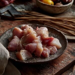 Raw chicken chunks seasoned with salt and pepper on a rustic dark plate, with wooden skewers and natural kitchen tools in the background, ready for homemade ranch garlic parmesan chicken skewers.