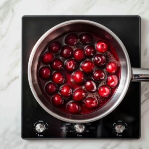 Whole cherries simmering in syrup inside a stainless steel saucepan on a modern black induction cooktop, placed on a white marble counter-realistic and homemade preparation for Black Forest cake filling.