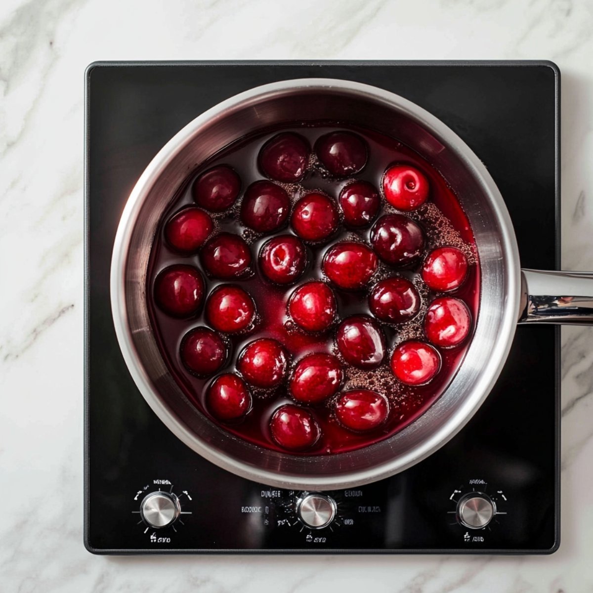 Whole cherries simmering in syrup inside a stainless steel saucepan on a modern black induction cooktop, placed on a white marble counter—realistic and homemade preparation for Black Forest cake filling.