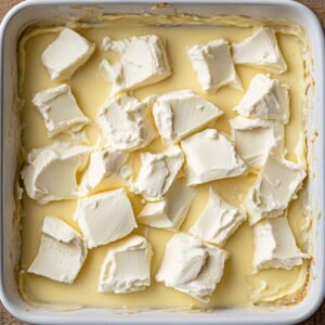 Chunks of cream cheese scattered over a layer of lemon pie filling in a white baking dish, ready for the next layer in a homemade dump cake.