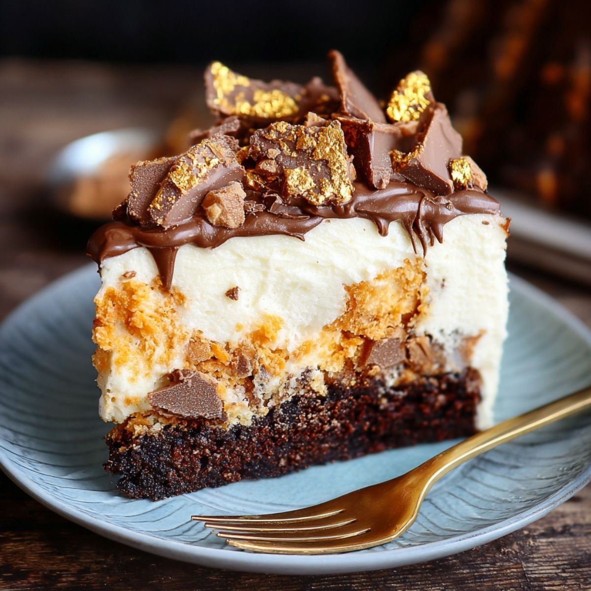 Easy Butterfinger cake slice with chocolate and vanilla layers, creamy frosting, ganache, chopped candy, and gold flakes on a blue plate.