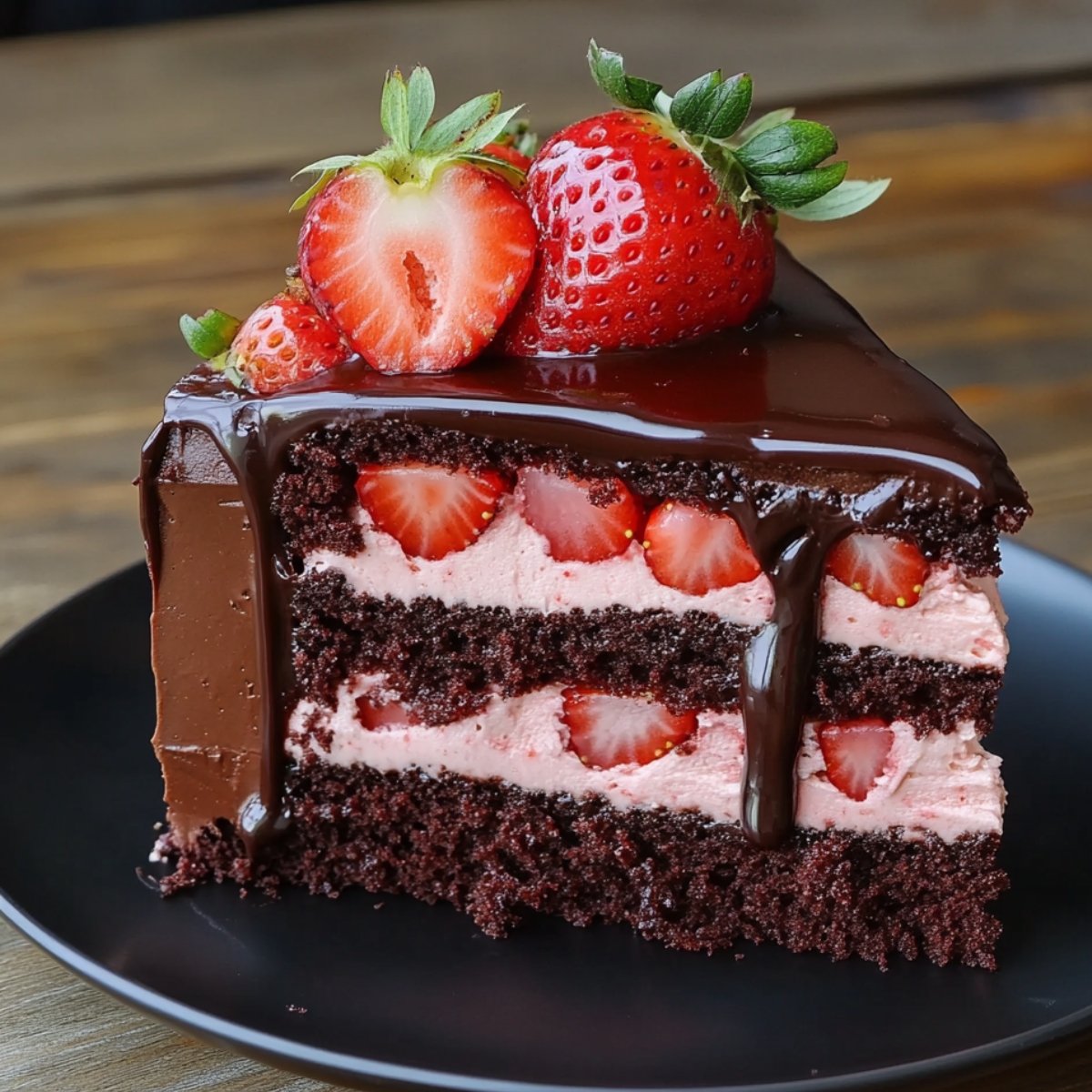 Slice of homemade chocolate strawberry cake with layers of chocolate sponge, strawberry cream, fresh strawberries, and glossy chocolate ganache on top.