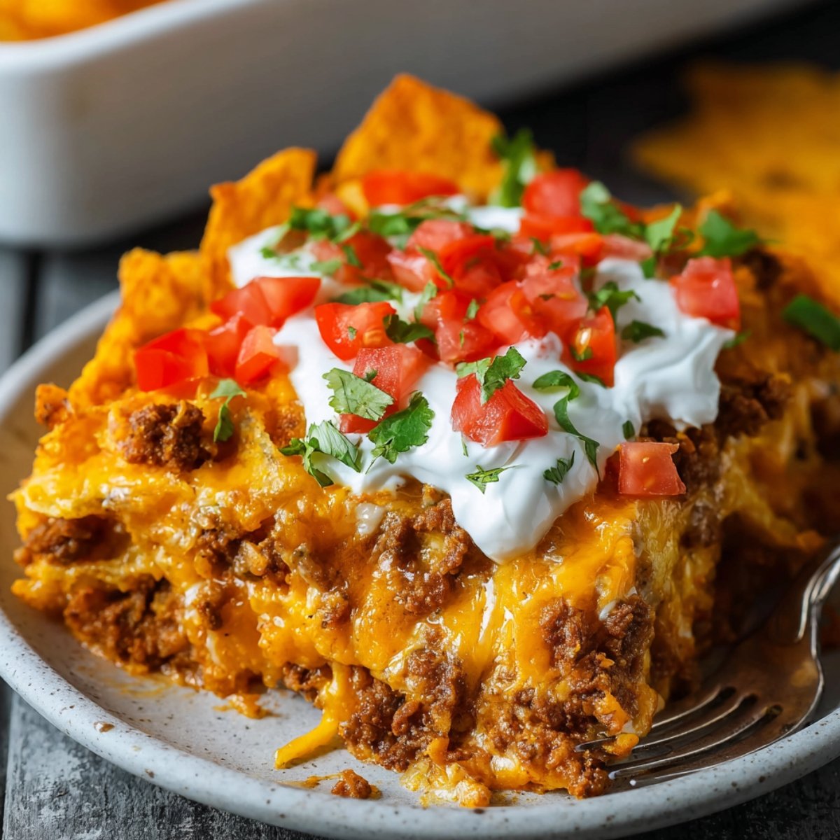 Cheesy Dorito casserole slice topped with sour cream, fresh diced tomatoes, and chopped cilantro, served on a stoneware plate with a fork.