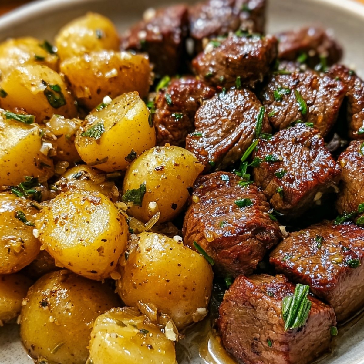 Garlic Steak Bites and Potatoes on a plate. Steak is seared and juicy with fresh herbs, and potatoes are golden, coated in garlic, butter, and seasoning. A cozy, comforting meal made from scratch.