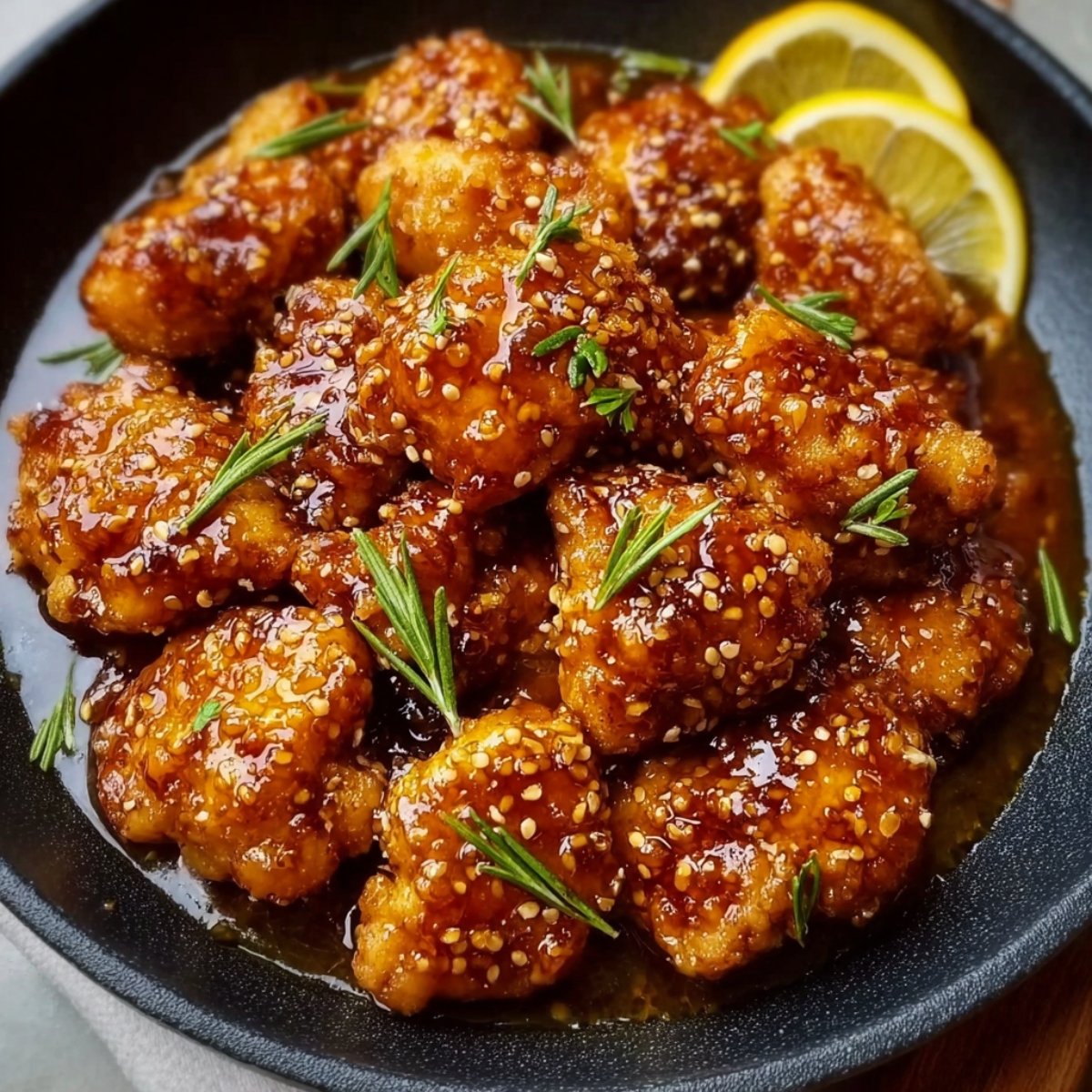 Crispy honey butter chicken glazed in a sticky sauce, topped with sesame seeds and rosemary, served with lemon slices in a black plate.