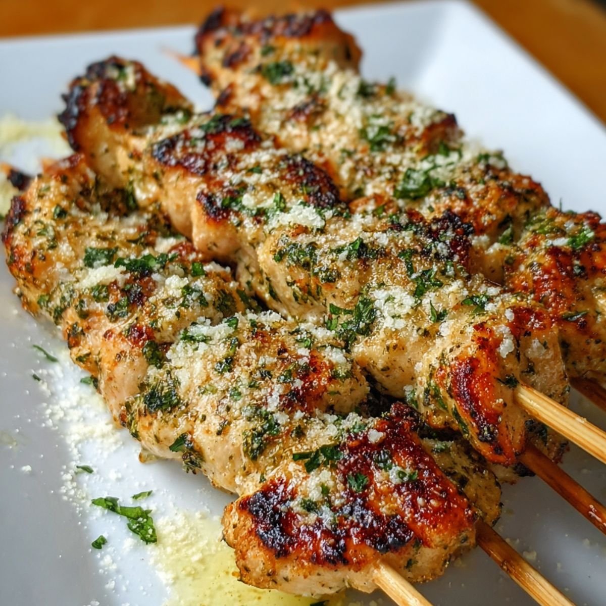 Juicy grilled chicken skewers coated in garlic, ranch, and melted parmesan cheese, served on a white plate with golden-brown grill marks and a drizzle of herbed oil.