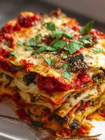 Close-up of a tall slice of homemade vegetable lasagna on a white plate, showing layers of pasta, roasted vegetables, red sauce, melted cheese, and fresh parsley on top.