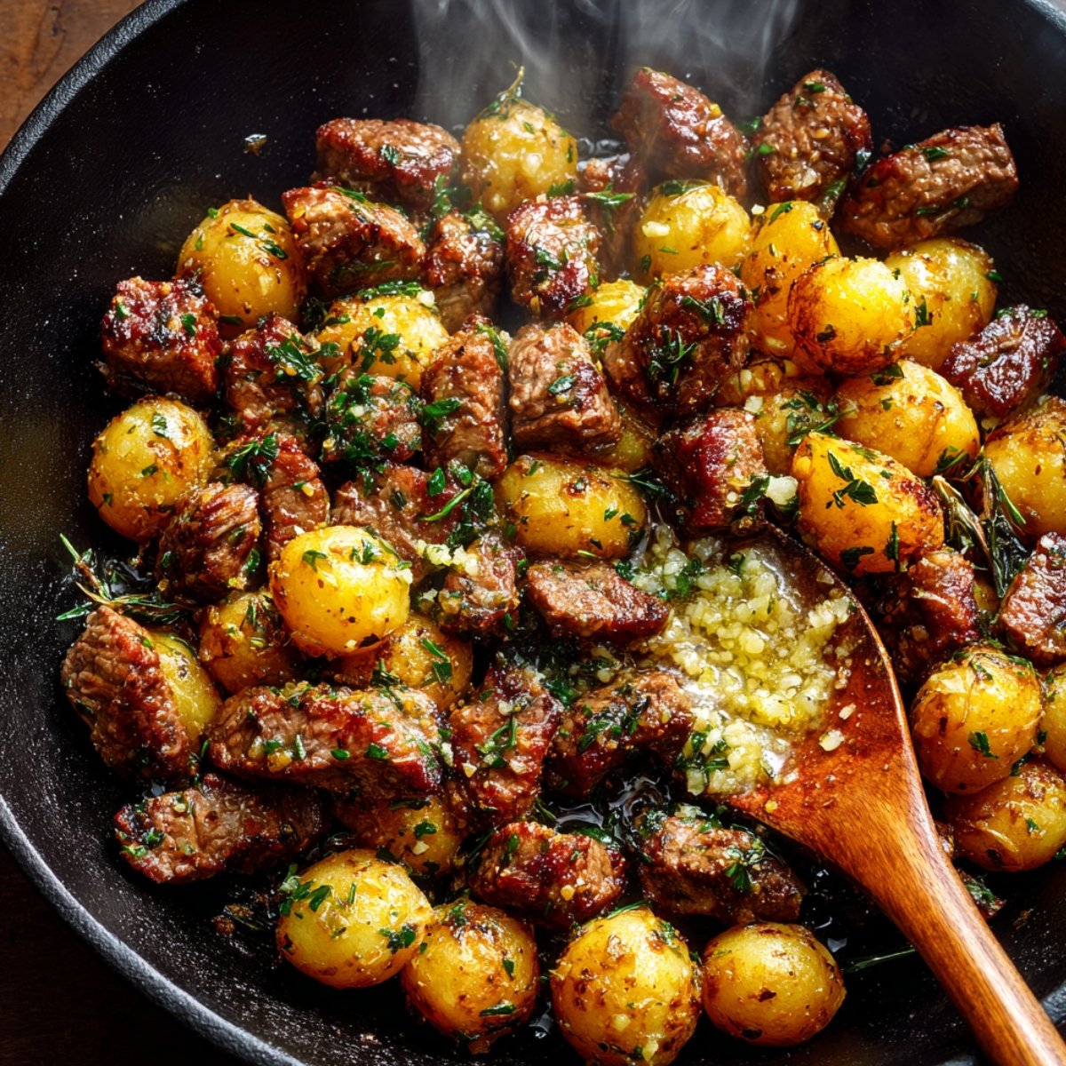 Garlic steak bites and baby potatoes sizzling in a skillet, coated in garlic butter with fresh herbs. A wooden spoon stirs minced garlic into the pan. Everything looks hot, juicy, and freshly cooked.