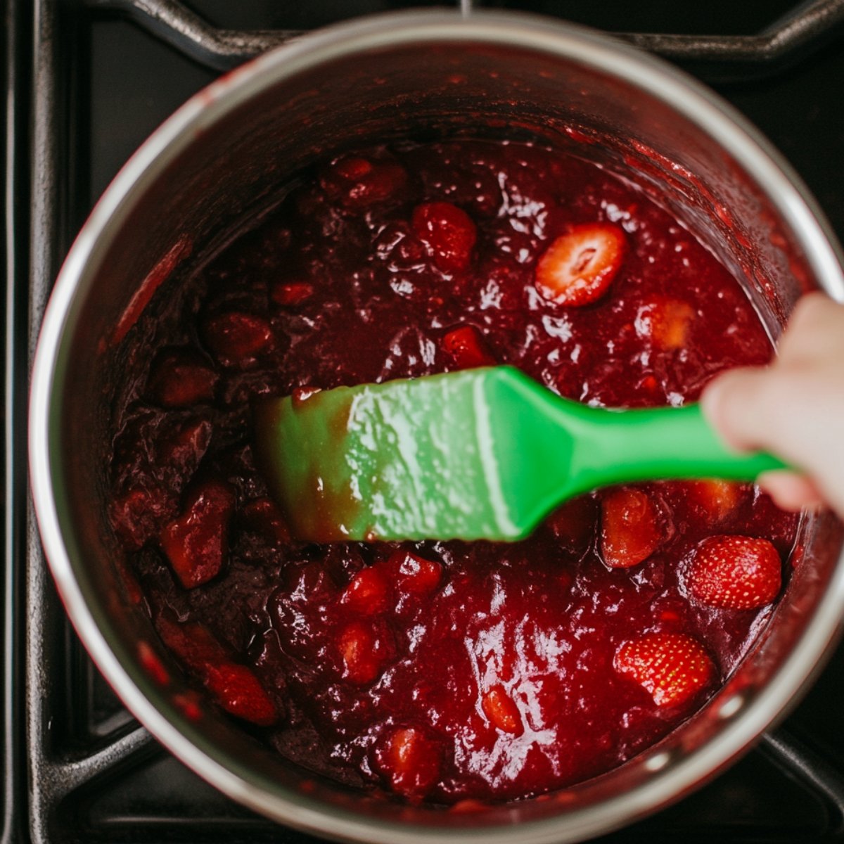 Strawberry filling cooking in a pot, stirred with a green spatula on a stovetop.