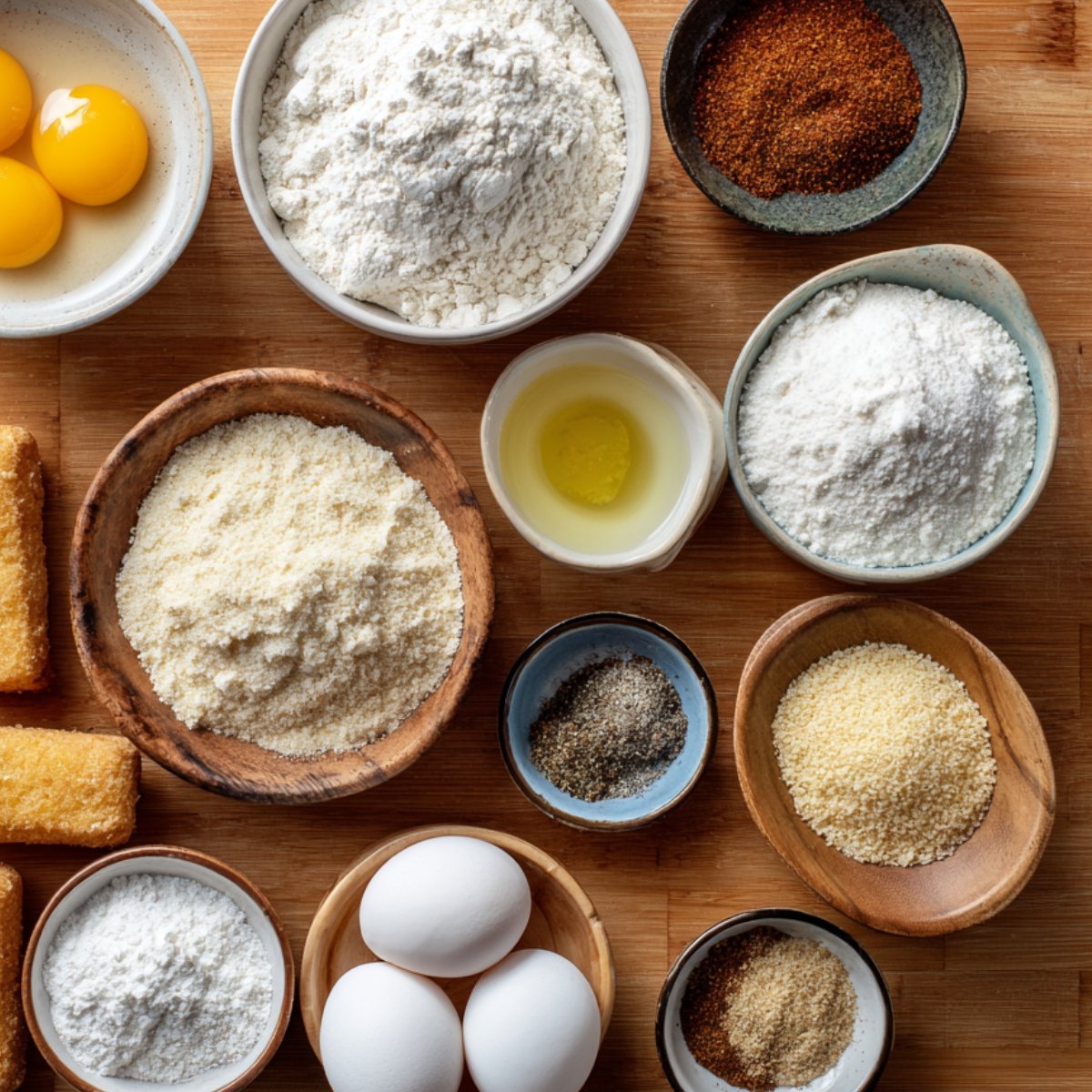 A variety of real homemade ingredients for fried mozzarella sticks arranged on a wooden surface, including eggs, flour, breadcrumbs, Parmesan, spices, and oil in small bowls.