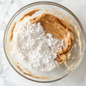 Glass mixing bowl with creamy peanut butter and powdered sugar, partially combined, on a white marble countertop-midway through making homemade peanut butter ball dough.
