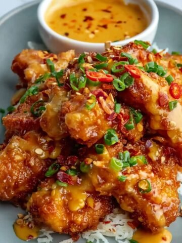 Crispy Bang Bang Chicken over white rice, topped with spicy orange sauce, green onions, red chili, sesame seeds, and served with a dipping sauce and fresh parsley on a speckled plate.
