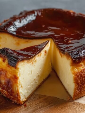 Homemade Basque Burnt Cheesecake with a glossy, dark caramelized top, a creamy custard-like center, and one slice cut out, sitting on parchment over a wooden board.