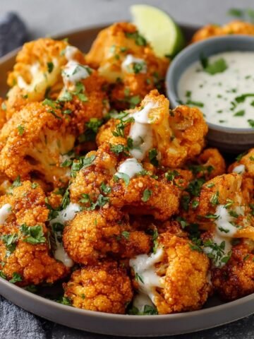 Crispy homemade buffalo cauliflower coated in spicy sauce, topped with fresh parsley and a drizzle of ranch, served with dip and a lime wedge on a dark plate.