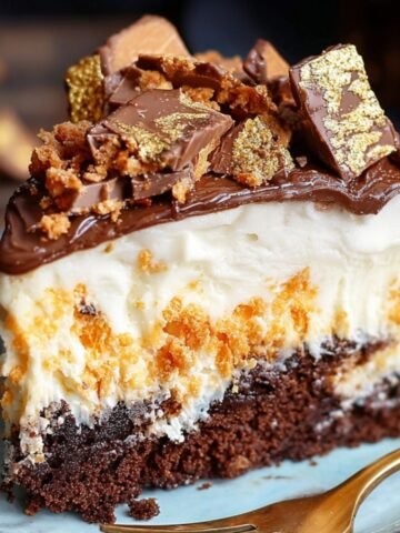 Homemade Butterfinger cake slice with a chocolate base, creamy filling, candy pieces, and chocolate ganache topped with chopped Butterfinger and gold leaf, served on a blue plate with a gold fork.