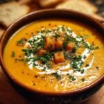 Homemade butternut squash soup in a rustic bowl, topped with cream, roasted squash cubes, parsley, and cracked pepper, with crusty bread in the background.