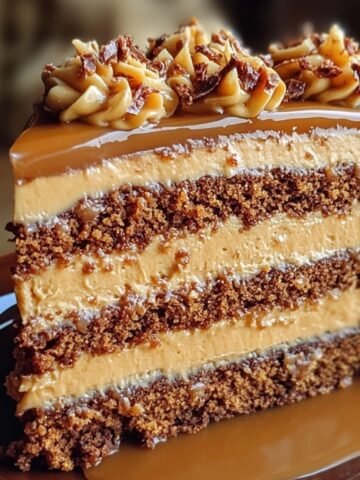 A slice of homemade caramel cake with four moist layers, rich caramel frosting, and a glossy caramel drizzle, topped with piped frosting and chopped nuts on a brown plate.
