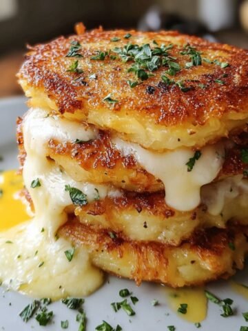 A stack of crispy, golden cheesy potato pancakes on a white plate, with melted cheese oozing out between the layers and finely chopped herbs sprinkled on top and around the plate.