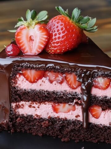 Slice of homemade chocolate strawberry cake with rich layers, fresh strawberries, pink cream filling, and glossy chocolate ganache on top.