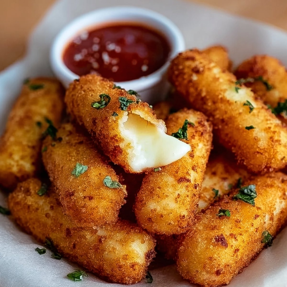 A pile of golden, crispy homemade mozzarella sticks sprinkled with chopped parsley, with one pulled apart showing melted cheese inside, served next to a small bowl of marinara sauce.