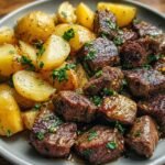 Homemade Garlic Steak Bites and Potatoes on a round plate. The steak is seared and juicy, coated in garlic butter and chopped parsley. The potatoes are halved, golden, and tender with a light herb seasoning.
