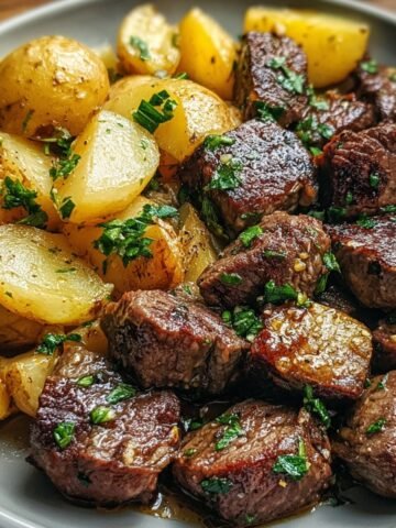 Homemade Garlic Steak Bites and Potatoes on a round plate. The steak is seared and juicy, coated in garlic butter and chopped parsley. The potatoes are halved, golden, and tender with a light herb seasoning.