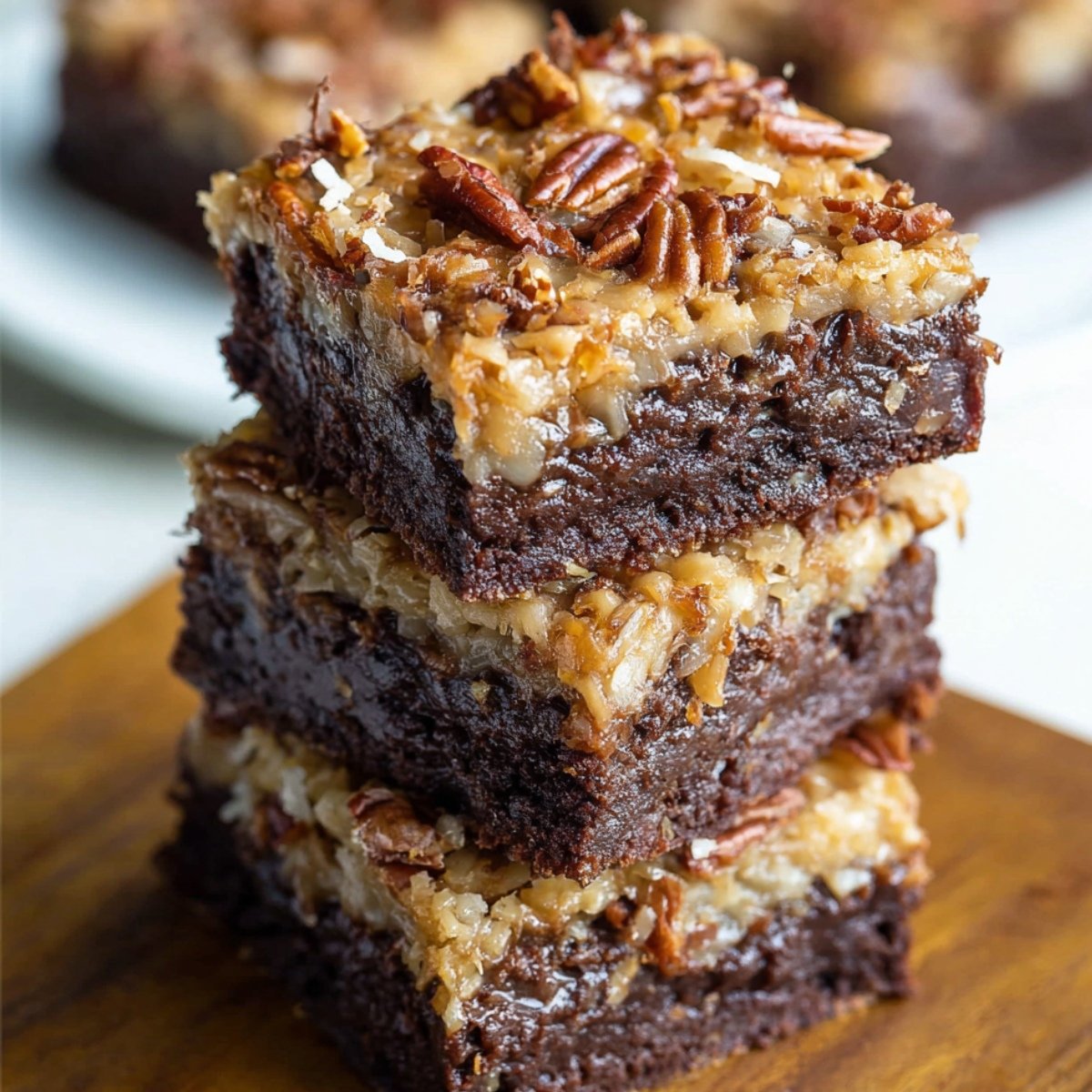A stack of three thick, fudgy German chocolate brownies with gooey coconut-pecan topping, resting on a wooden board. The rich chocolate base looks moist and dense, with toasted pecans and shredded coconut scattered unevenly for a rustic, homemade touch.