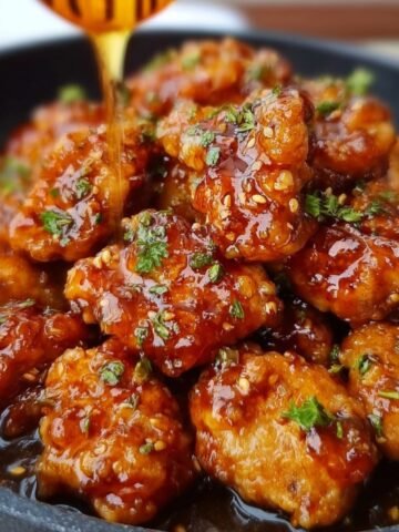 Homemade Honey Butter Chicken glazed in sticky sauce, topped with parsley and sesame seeds, with honey being drizzled over.