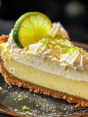 A slice of homemade Key Lime Pie with a graham cracker crust, creamy yellow filling, whipped cream topping, a lime slice garnish, and lime zest sprinkled on top, served on a dark plate.