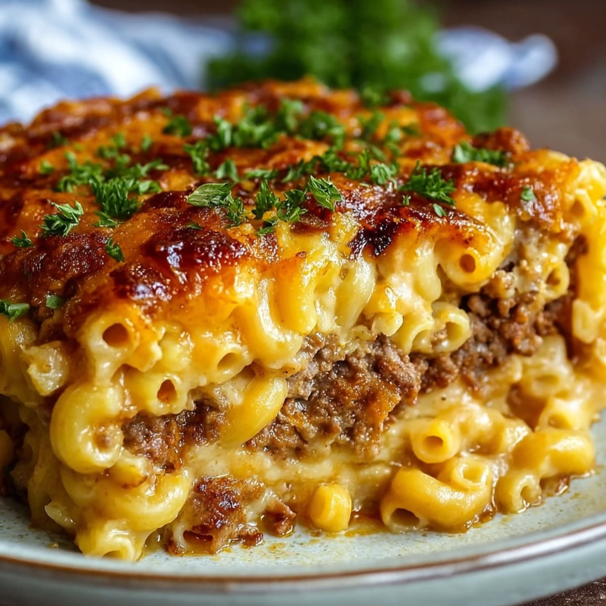 A homemade slice of mac and cheese meatloaf casserole with gooey elbow macaroni, a beef layer, crispy golden cheese on top, and parsley garnish, served on a plate with a checkered napkin in the background.