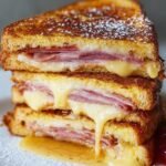 Stacked slices of a homemade Monte Cristo sandwich with golden French toast bread, layers of ham and melted cheese, dusted with powdered sugar and served with raspberry jam.