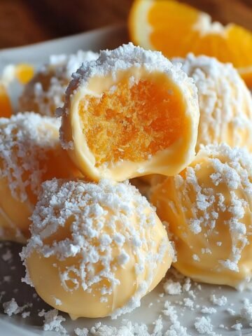 Homemade orange creamsicle truffles coated in white chocolate and powdered sugar, with one truffle bitten to reveal a creamy orange center. Served on a white plate with fresh orange slices in the background.