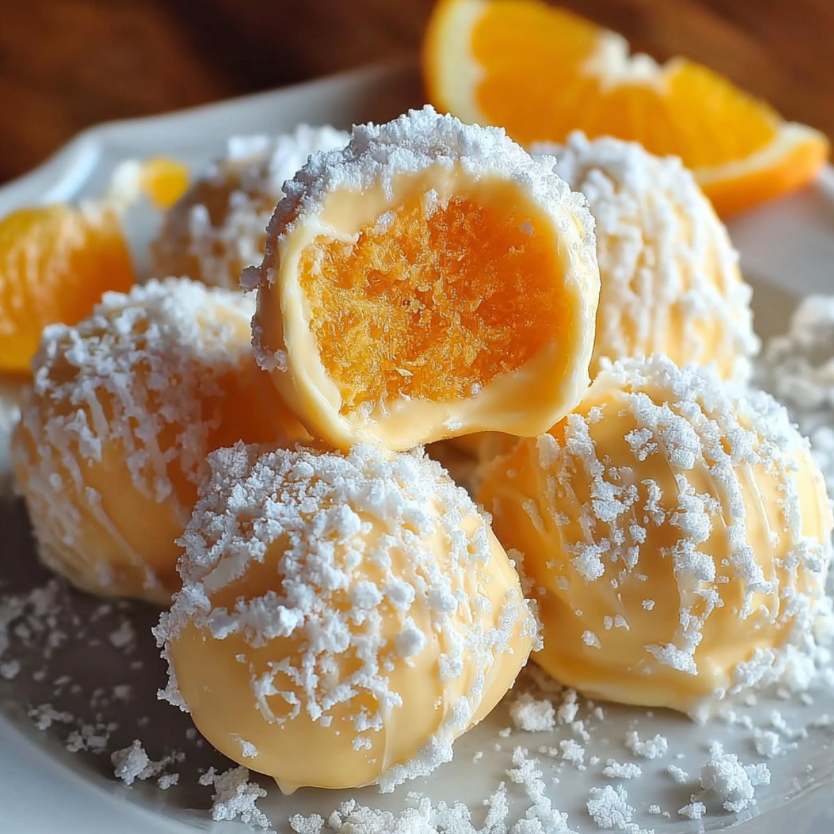 Homemade orange creamsicle truffles coated in white chocolate and powdered sugar, with one truffle bitten to reveal a creamy orange center. Served on a white plate with fresh orange slices in the background.
